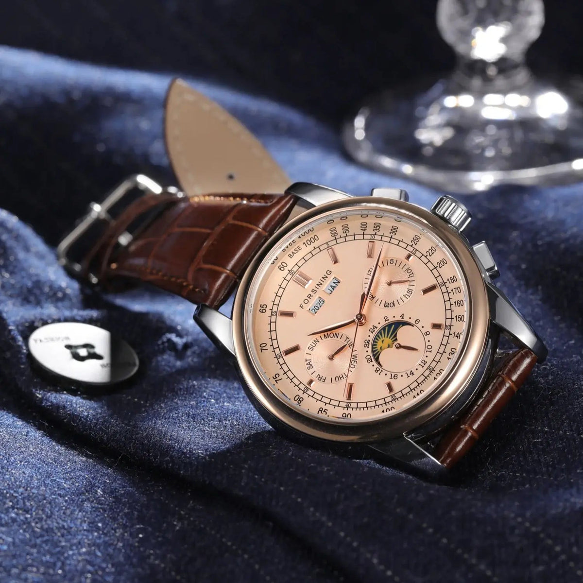 Forsining Retro Mechancial Watches Moon Phase Brown Leather Strap Rose Gold Case Luxury Brand Business Automatic Mens Watches - LeeHT