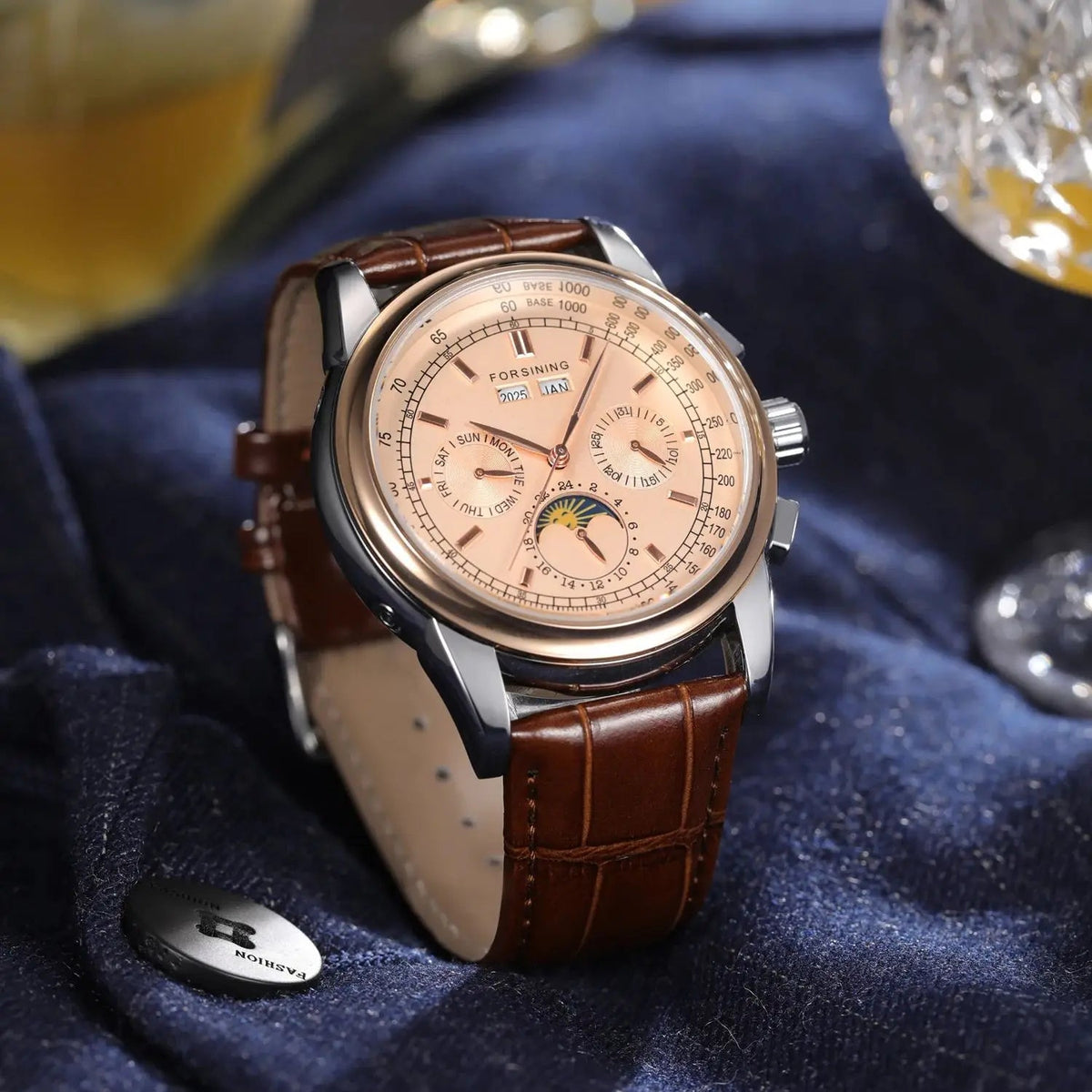 Forsining Retro Mechancial Watches Moon Phase Brown Leather Strap Rose Gold Case Luxury Brand Business Automatic Mens Watches - LeeHT