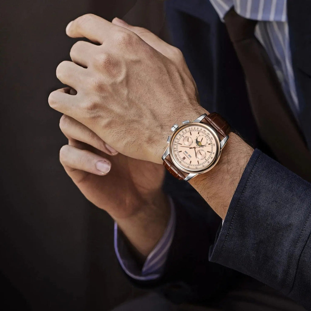 Forsining Retro Mechancial Watches Moon Phase Brown Leather Strap Rose Gold Case Luxury Brand Business Automatic Mens Watches - LeeHT