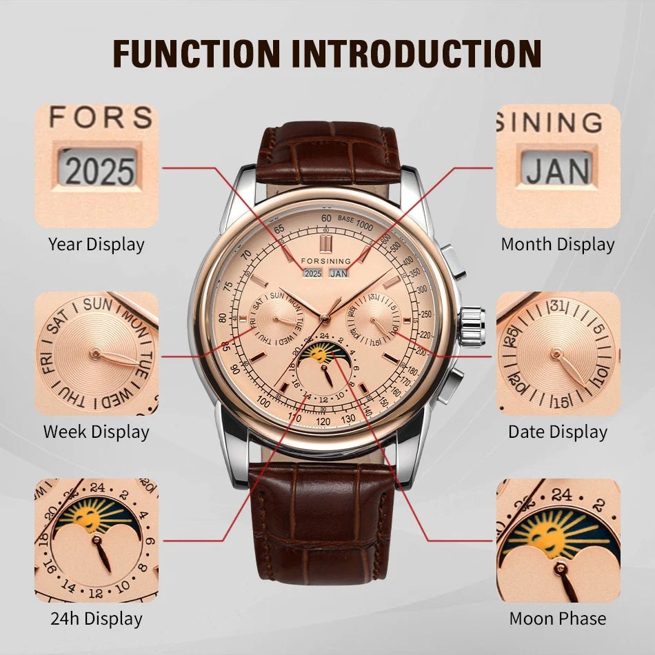Forsining Retro Mechancial Watches Moon Phase Shanghai Movement Rose Gold Case Brown Leather Strap Luxury Automatic Mens Watch - LeeHT