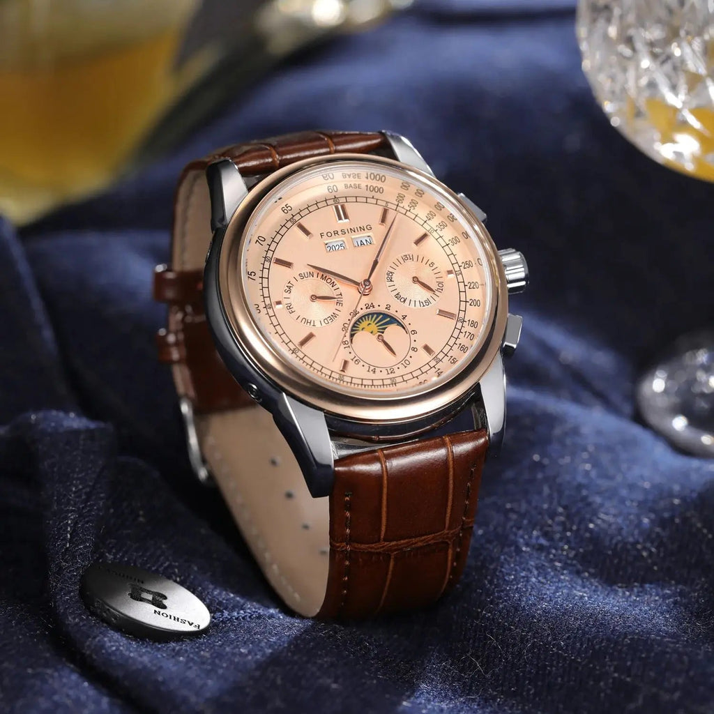 Forsining Retro Mechancial Watches Moon Phase Shanghai Movement Rose Gold Case Brown Leather Strap Luxury Automatic Mens Watch - LeeHT