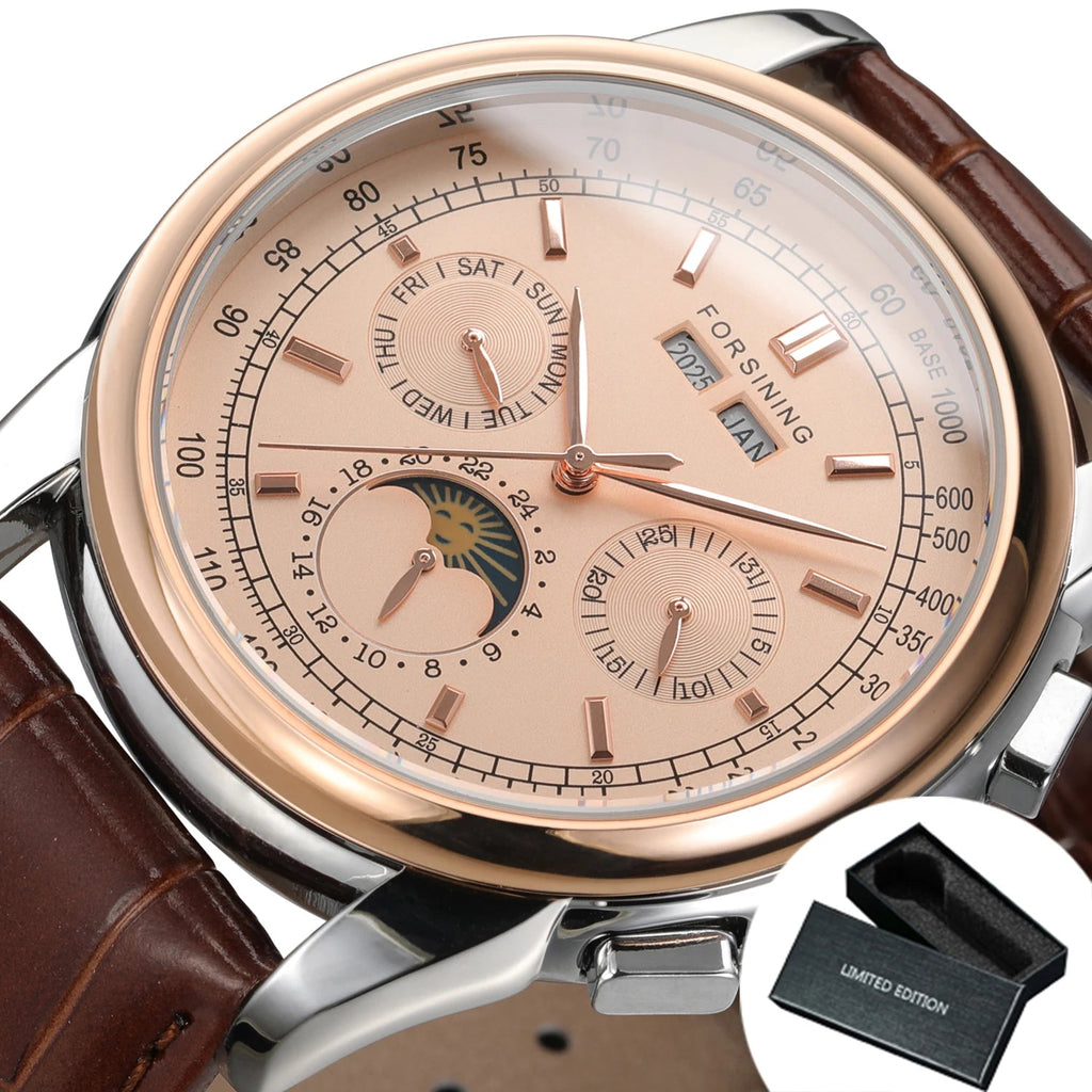 Forsining Retro Mechancial Watches Moon Phase Shanghai Movement Rose Gold Case Brown Leather Strap Luxury Automatic Mens Watch - LeeHT