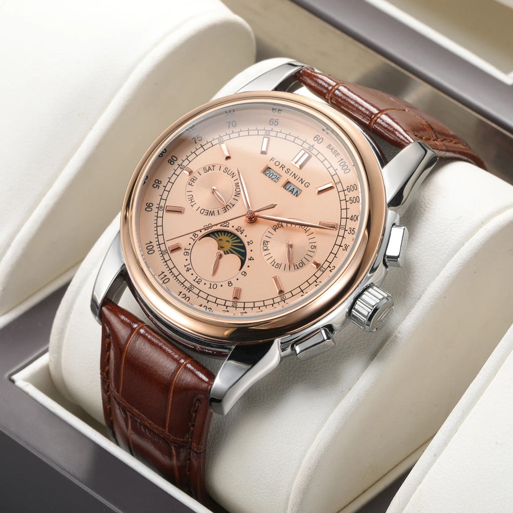 Forsining Retro Mechancial Watches Moon Phase Shanghai Movement Rose Gold Case Brown Leather Strap Luxury Automatic Mens Watch - LeeHT