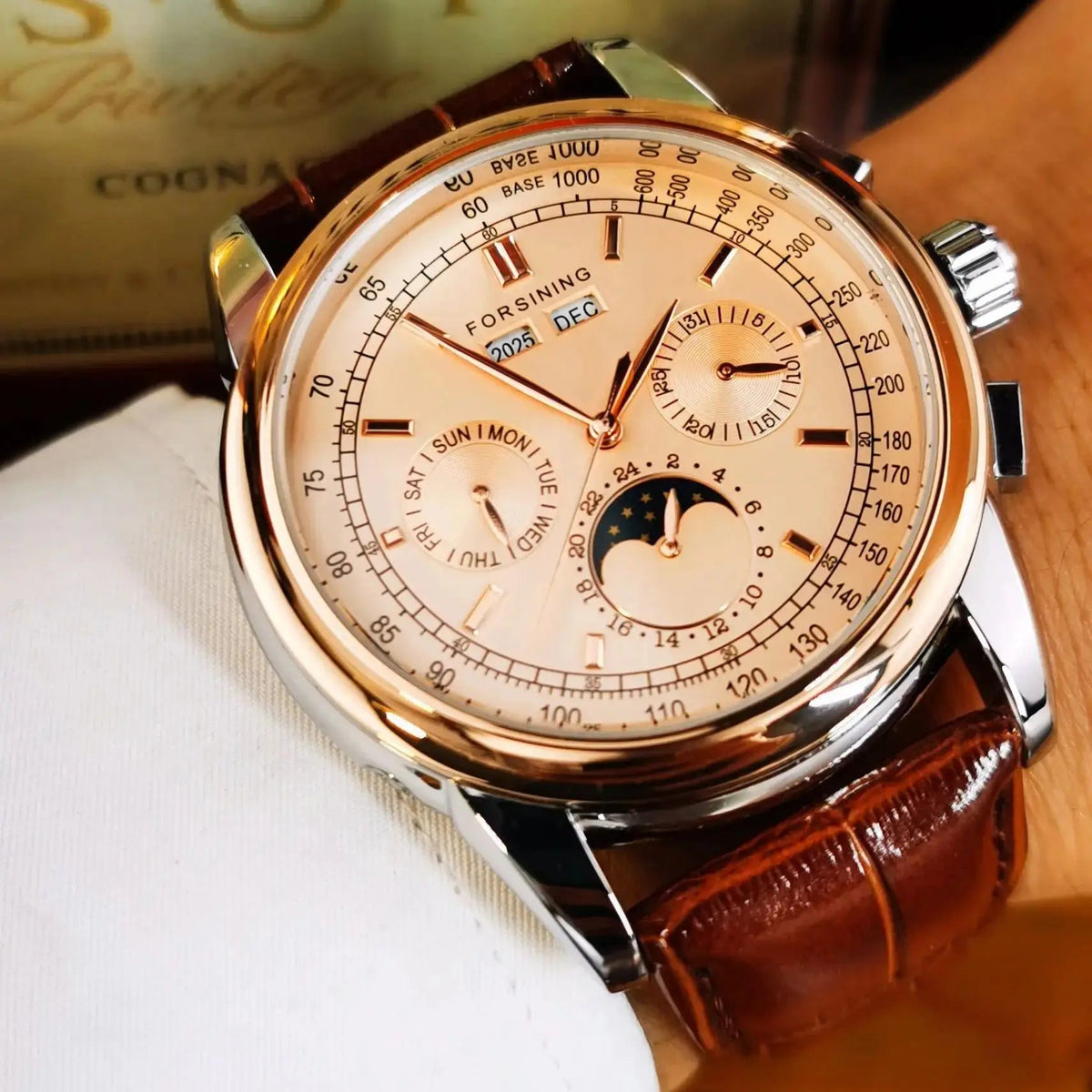 Forsining Retro Mechancial Watches Moon Phase Shanghai Movement Rose Gold Case Brown Leather Strap Luxury Automatic Mens Watch - LeeHT
