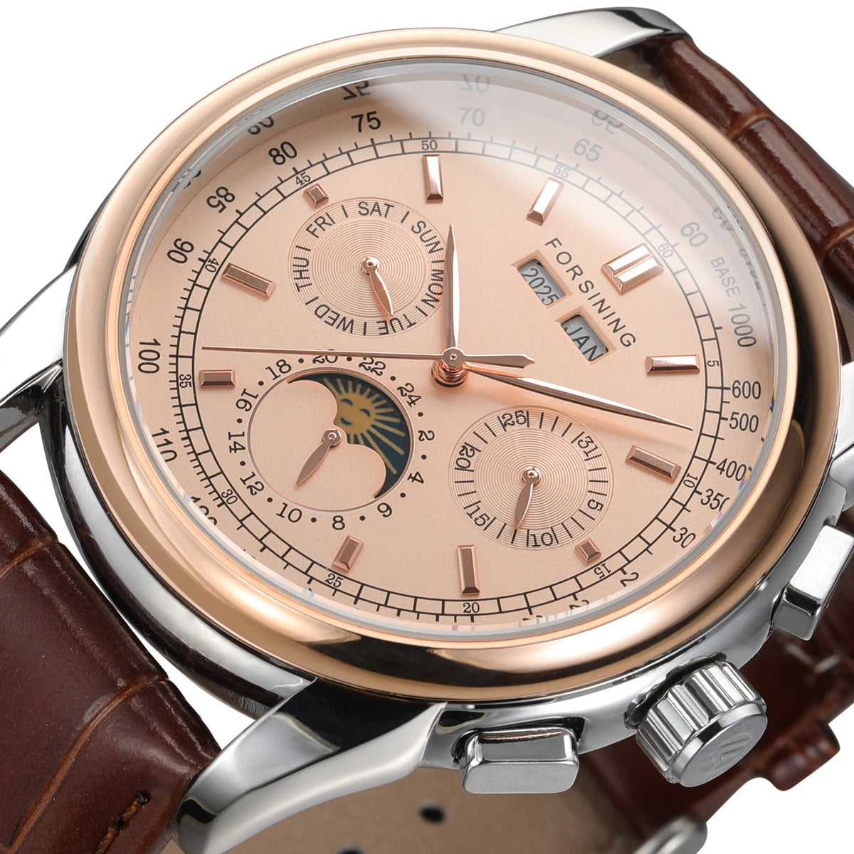 Forsining Retro Mechancial Watches Moon Phase Shanghai Movement Rose Gold Case Brown Leather Strap Luxury Automatic Mens Watch - LeeHT