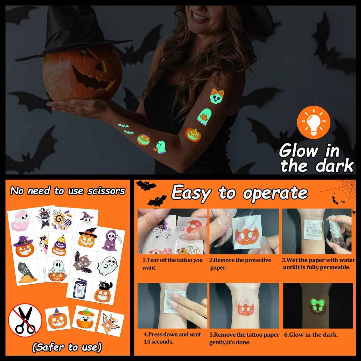 Glow-in-the-Dark Halloween Temporary Tattoos, with a variety of patterns, are suitable as party decorations and gifts，36 sheets - LeeHT