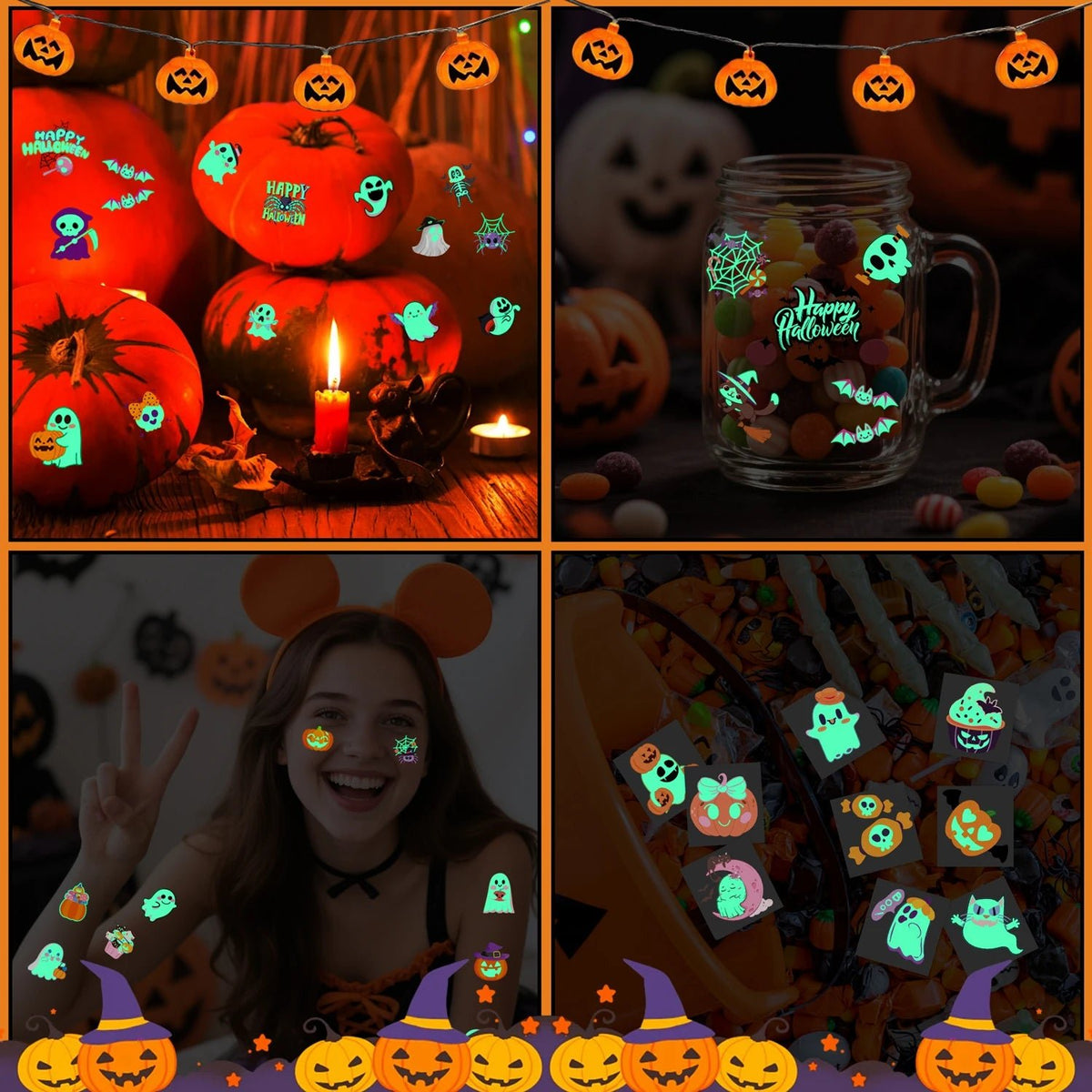 Glow-in-the-Dark Halloween Temporary Tattoos, with a variety of patterns, are suitable as party decorations and gifts，36 sheets - LeeHT