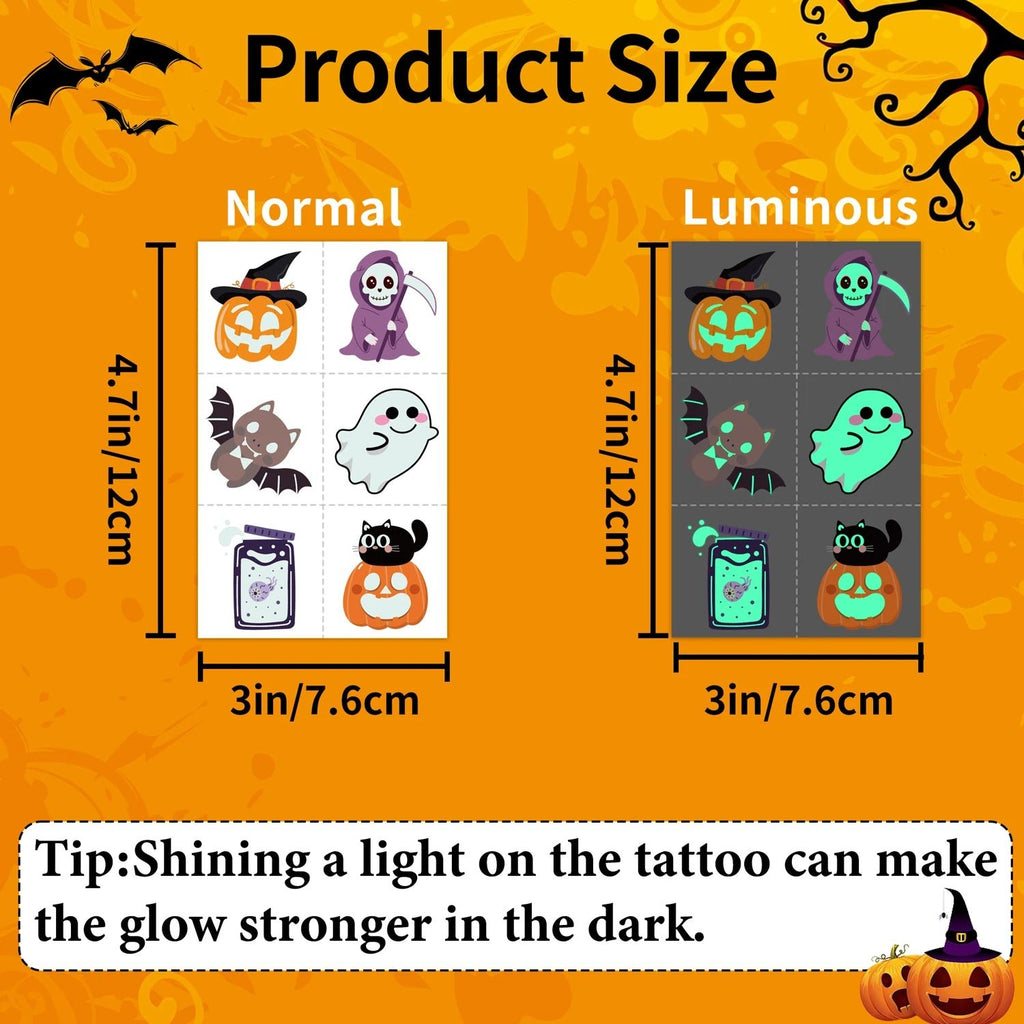 Glow-in-the-Dark Halloween Temporary Tattoos, with a variety of patterns, are suitable as party decorations and gifts，36 sheets - LeeHT