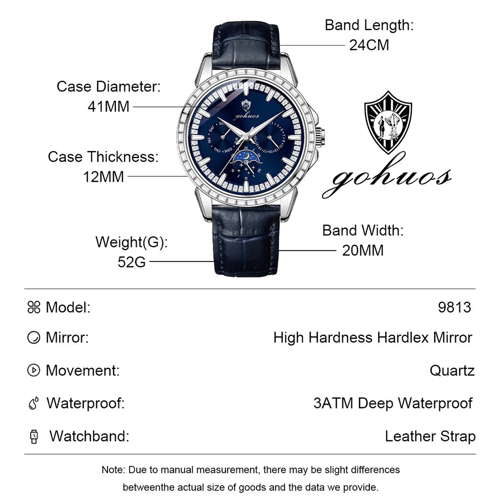 Gohuos 9813 Men's Quartz Watches and Gift Wholesale Luminous Waterproof Leather Band Business Customized Wristwatch for Male - LeeHT