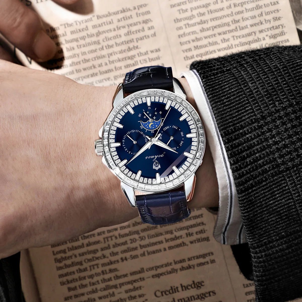 Gohuos 9813 Top Men's Chronograph Watches Luxury Fashion Leather Strap Diamond Bezel 30M Waterproof Quartz Wrist Watch for Man - LeeHT