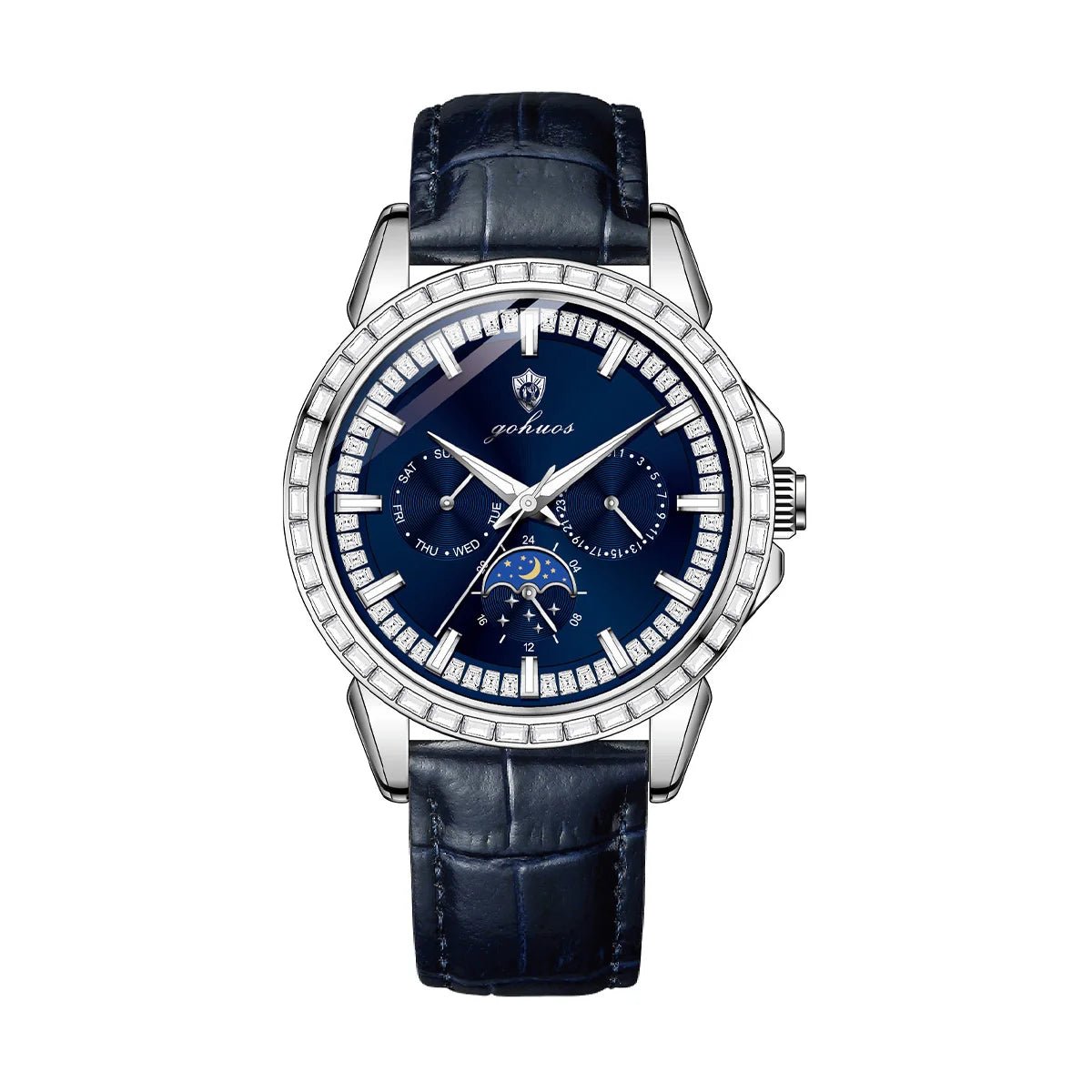Gohuos 9813 Top Men's Chronograph Watches Luxury Fashion Leather Strap Diamond Bezel 30M Waterproof Quartz Wrist Watch for Man - LeeHT