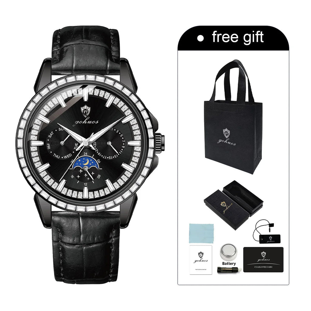 Gohuos 9813 Top Men's Chronograph Watches Luxury Fashion Leather Strap Diamond Bezel 30M Waterproof Quartz Wrist Watch for Man - LeeHT