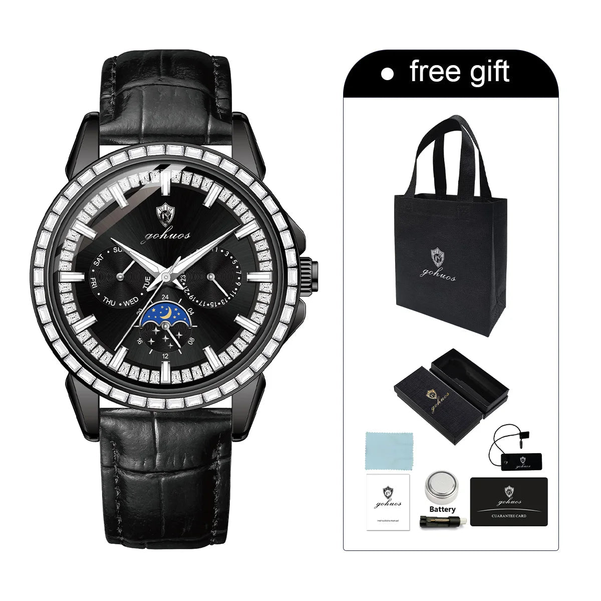 Gohuos 9813 Top Men's Chronograph Watches Luxury Fashion Leather Strap Diamond Bezel 30M Waterproof Quartz Wrist Watch for Man - LeeHT