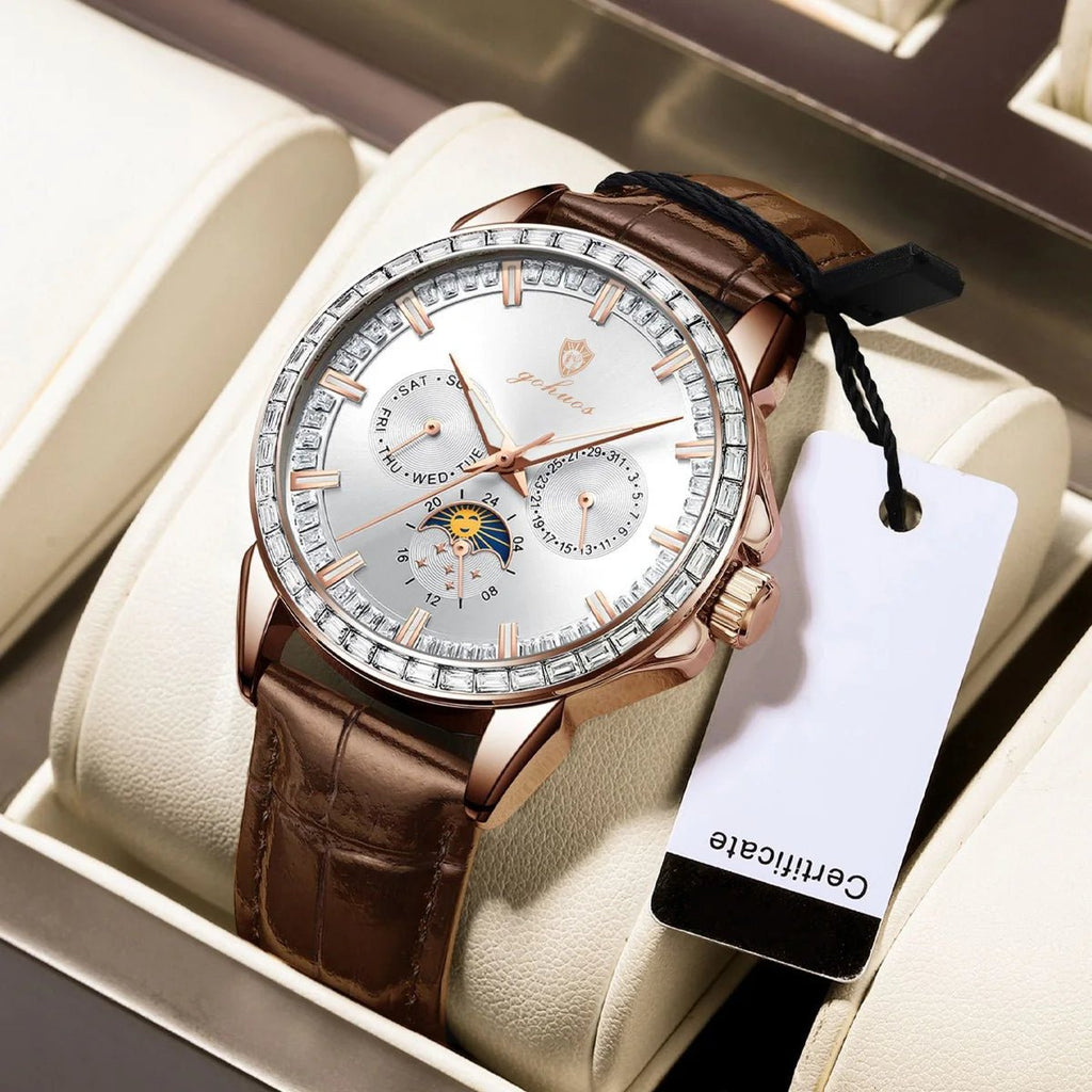 Gohuos 9813 Top Men's Chronograph Watches Luxury Fashion Leather Strap Diamond Bezel 30M Waterproof Quartz Wrist Watch for Man - LeeHT