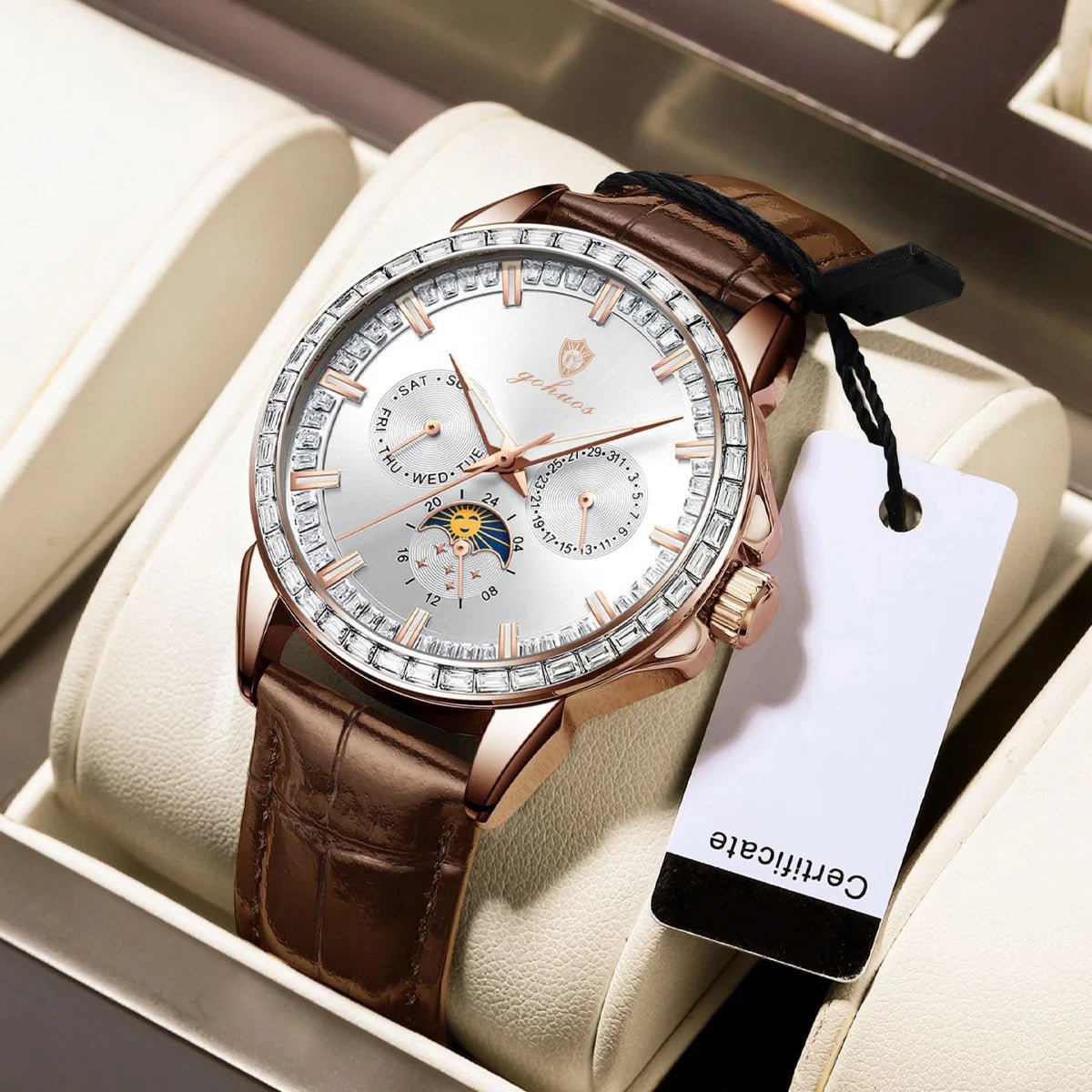 Gohuos 9813 Top Men's Chronograph Watches Luxury Fashion Leather Strap Diamond Bezel 30M Waterproof Quartz Wrist Watch for Man - LeeHT