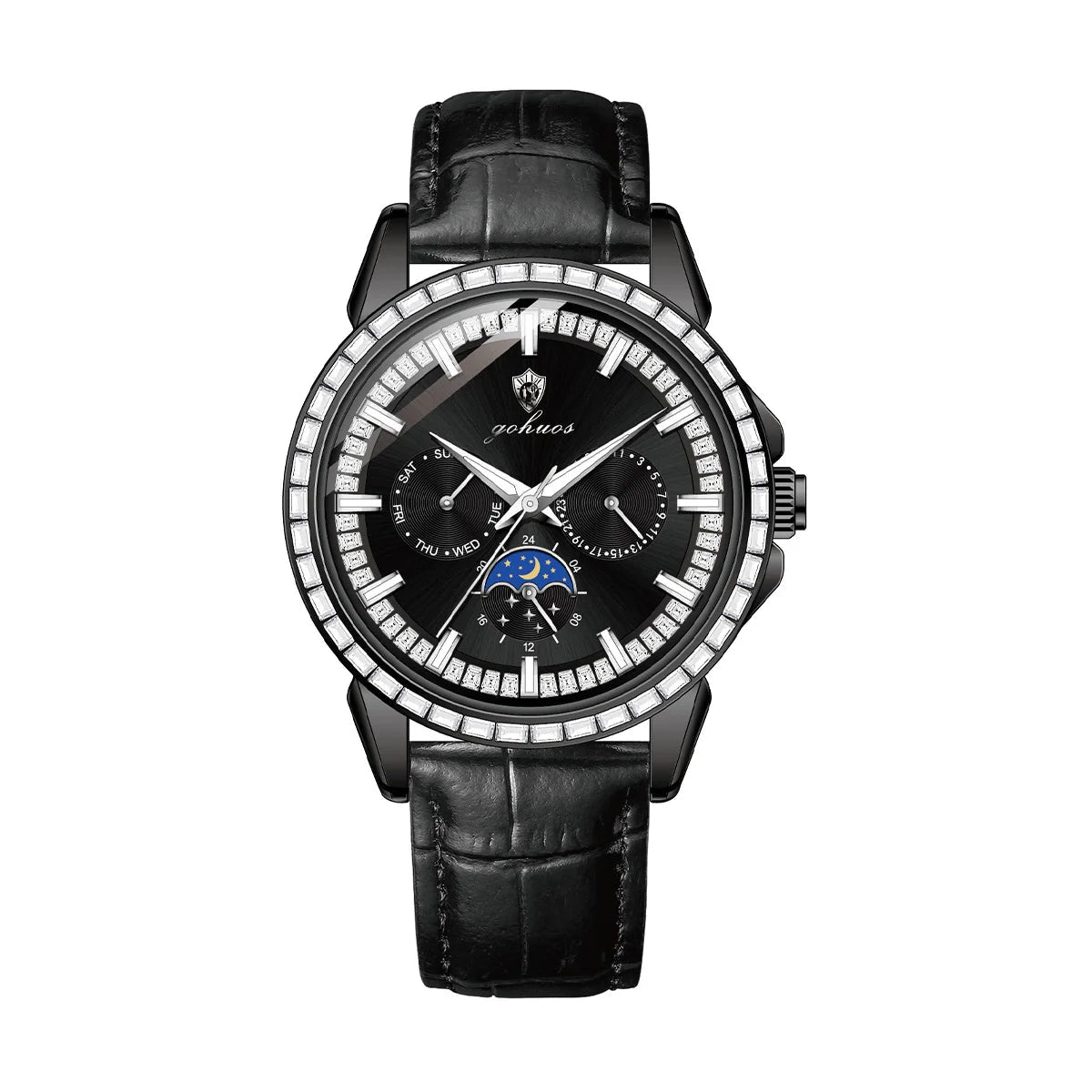 Gohuos 9813 Top Men's Chronograph Watches Luxury Fashion Leather Strap Diamond Bezel 30M Waterproof Quartz Wrist Watch for Man - LeeHT