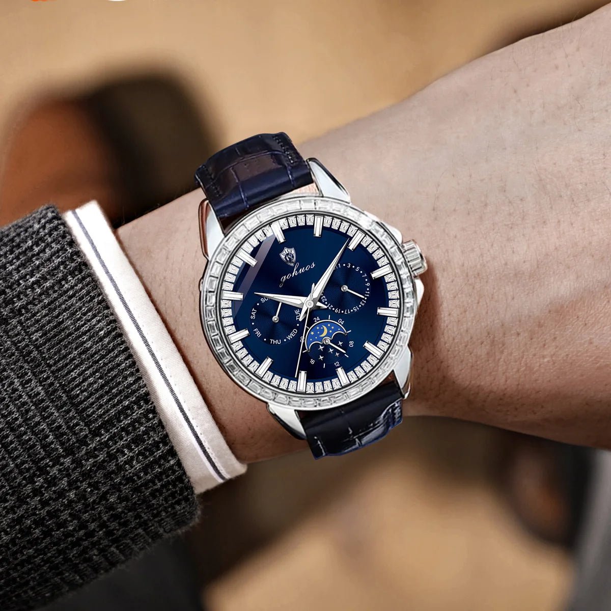Gohuos 9813 Top Men's Chronograph Watches Luxury Fashion Leather Strap Diamond Bezel 30M Waterproof Quartz Wrist Watch for Man - LeeHT