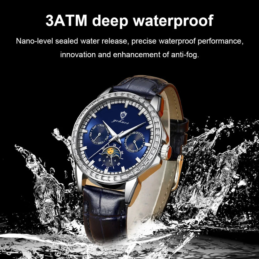 Gohuos 9813 Top Men's Chronograph Watches Luxury Fashion Leather Strap Diamond Bezel 30M Waterproof Quartz Wrist Watch for Man - LeeHT