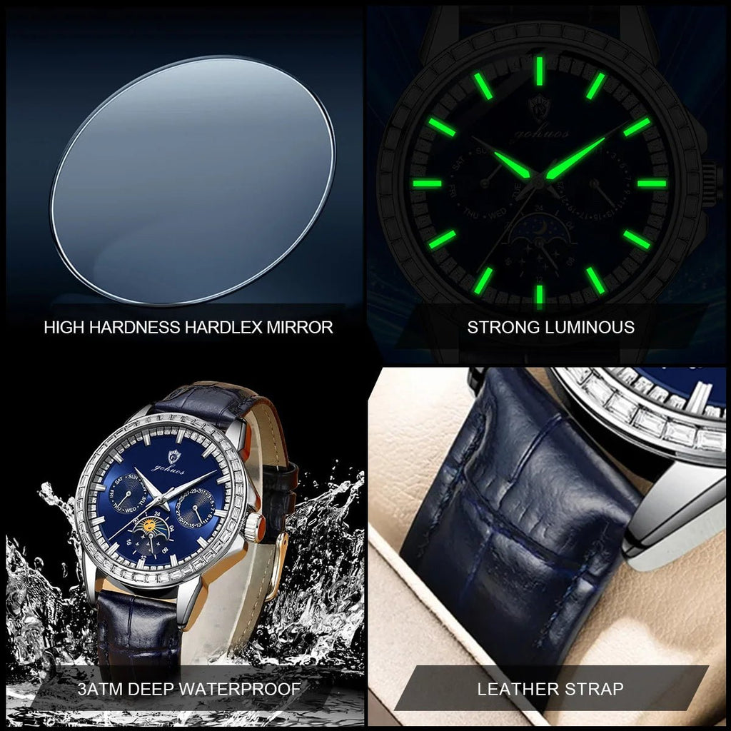 Gohuos 9813 Top Men's Chronograph Watches Luxury Fashion Leather Strap Diamond Bezel 30M Waterproof Quartz Wrist Watch for Man - LeeHT