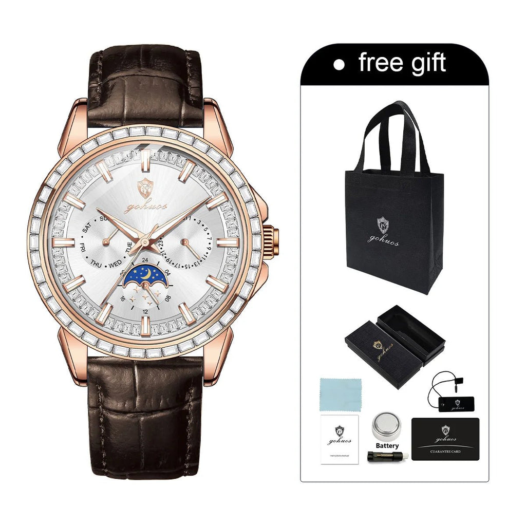 Gohuos 9813 Top Men's Chronograph Watches Luxury Fashion Leather Strap Diamond Bezel 30M Waterproof Quartz Wrist Watch for Man - LeeHT