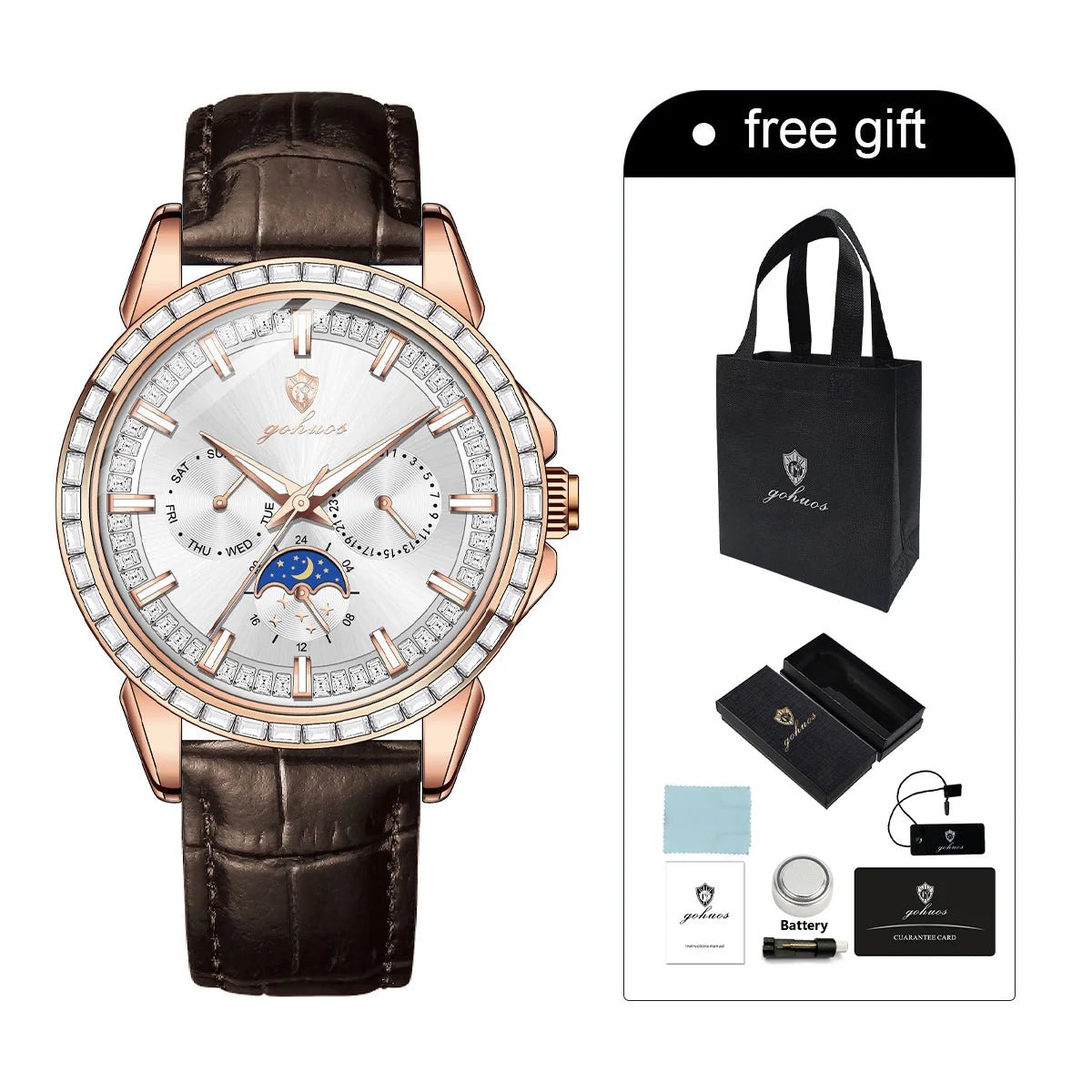 Gohuos 9813 Top Men's Chronograph Watches Luxury Fashion Leather Strap Diamond Bezel 30M Waterproof Quartz Wrist Watch for Man - LeeHT