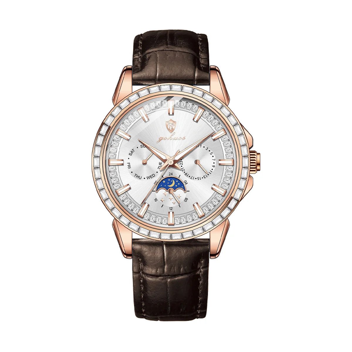 Gohuos 9813 Top Men's Chronograph Watches Luxury Fashion Leather Strap Diamond Bezel 30M Waterproof Quartz Wrist Watch for Man - LeeHT