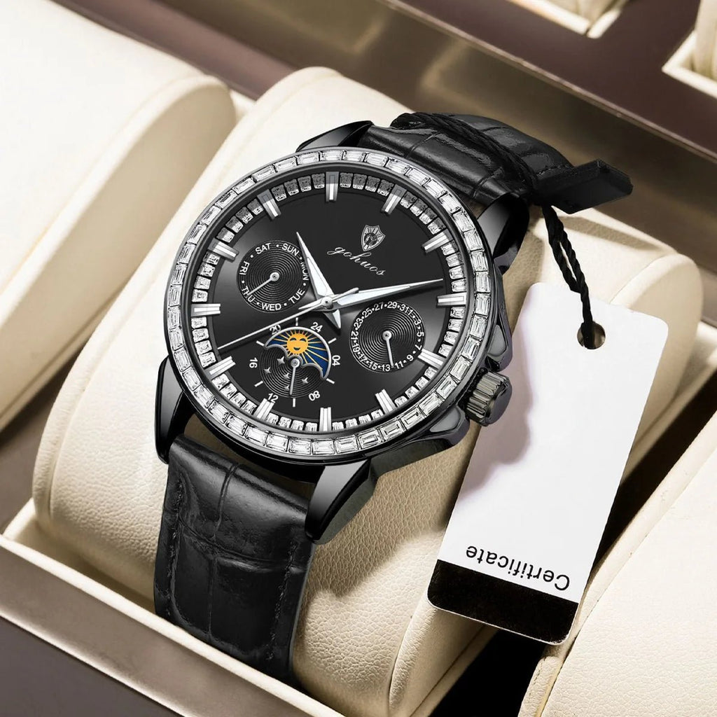 Gohuos 9813 Top Men's Chronograph Watches Luxury Fashion Leather Strap Diamond Bezel 30M Waterproof Quartz Wrist Watch for Man - LeeHT