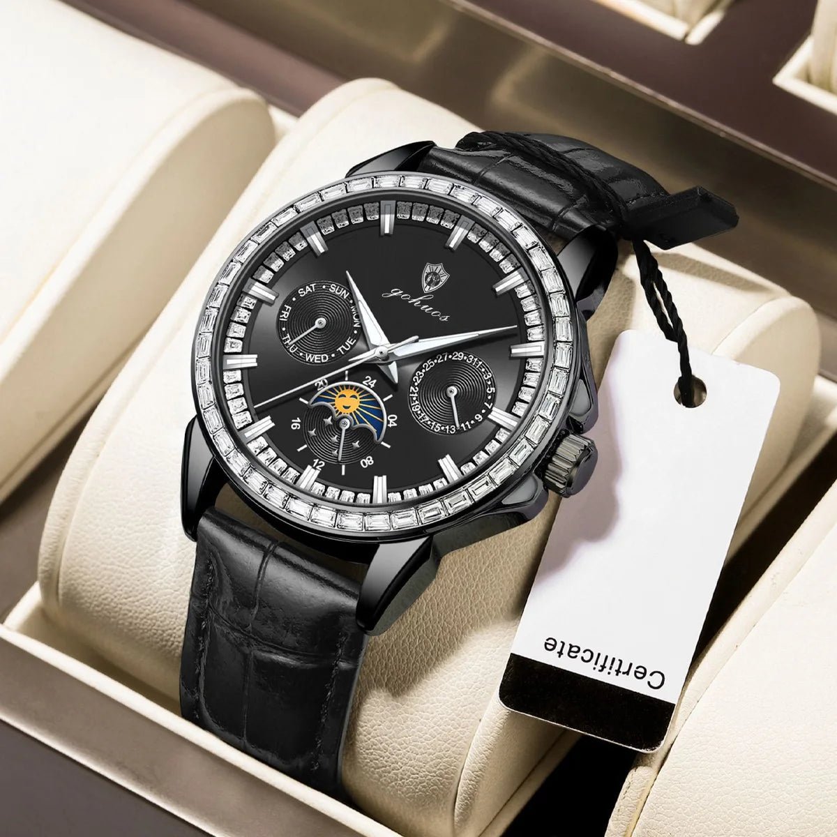 Gohuos 9813 Top Men's Chronograph Watches Luxury Fashion Leather Strap Diamond Bezel 30M Waterproof Quartz Wrist Watch for Man - LeeHT