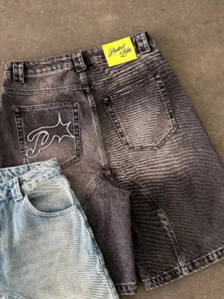 HOUZHOU Y2k Vintage Harajuku Short Jeans Women Washed Embroidery American Retro Man Denim Jorts Baggy Hip Hop Streetwear Summer - LeeHT