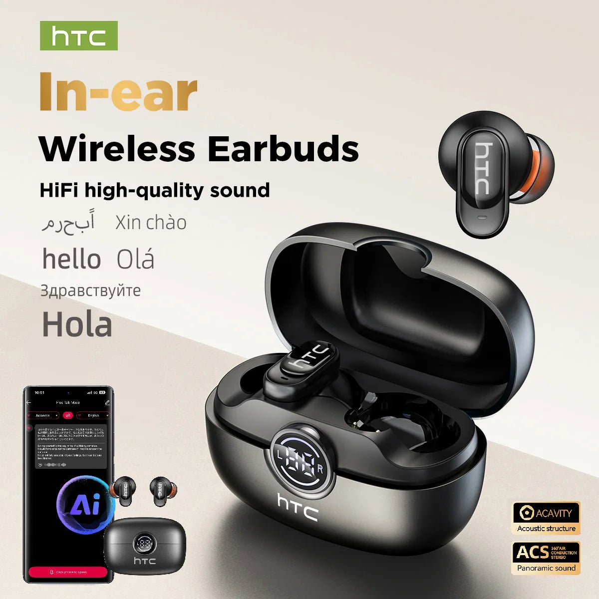 HTC NE79 TWS Wireless Bluetooth Earphones: AI Translator Earbuds Noise Cancellation Long Battery Life Premium Audio Headphones - LeeHT