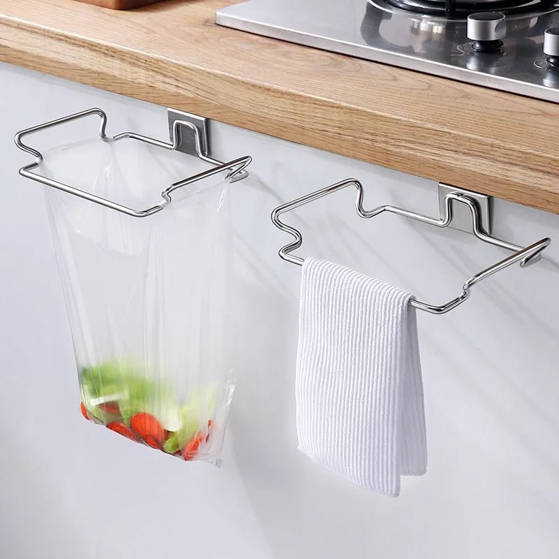 Kitchen Non Perforated Stainless Steel Garbage Rack With Hanging Bracket, Cabinet Door With Cloth And Garbage Bag Storage Rack - LeeHT