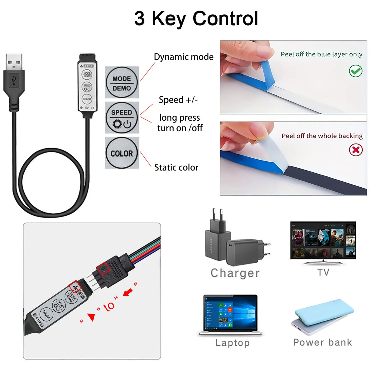 Led Lights for TV 3 Key Control Led Strip USB 5V Tape Lights for TV Backlight Home Party Decoration Flexible Ribbon - LeeHT