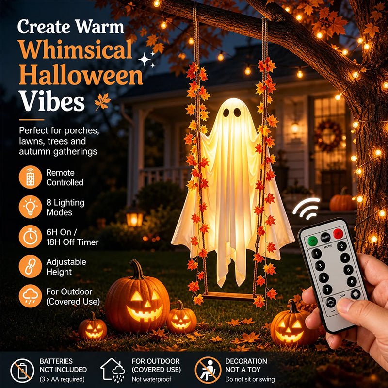 LED Luminous Hanging Swinging Ghost – Adjustable Brightness, Remote Control Halloween Yard Flying Ghost Decoration - LeeHT
