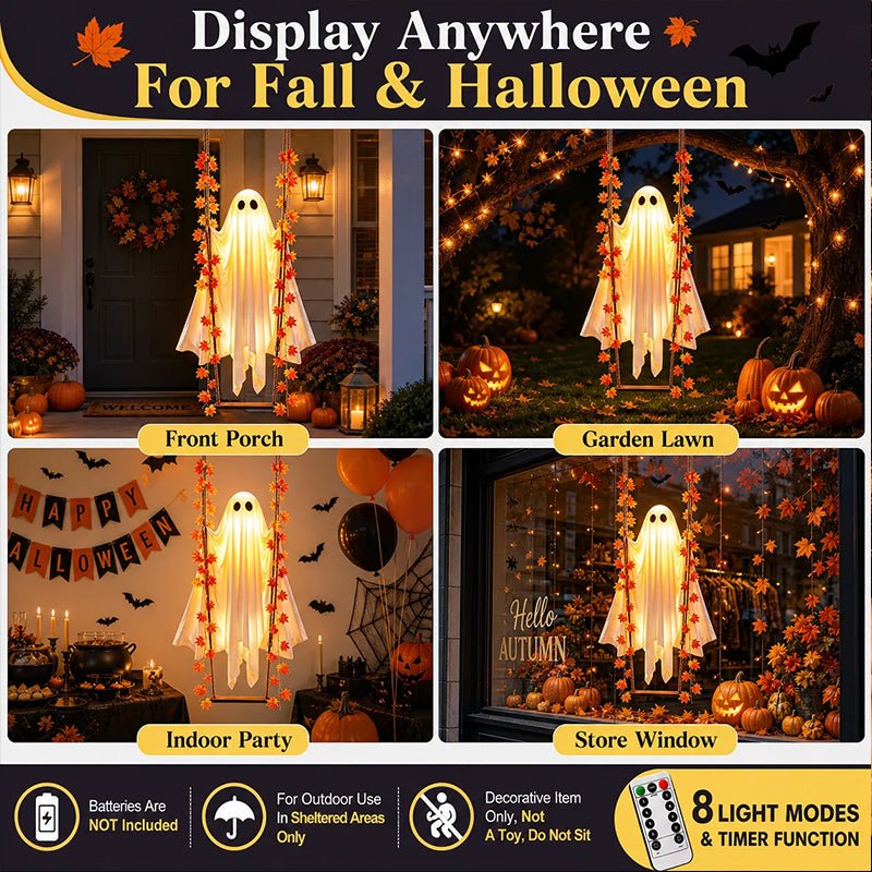 LED Luminous Hanging Swinging Ghost – Adjustable Brightness, Remote Control Halloween Yard Flying Ghost Decoration - LeeHT