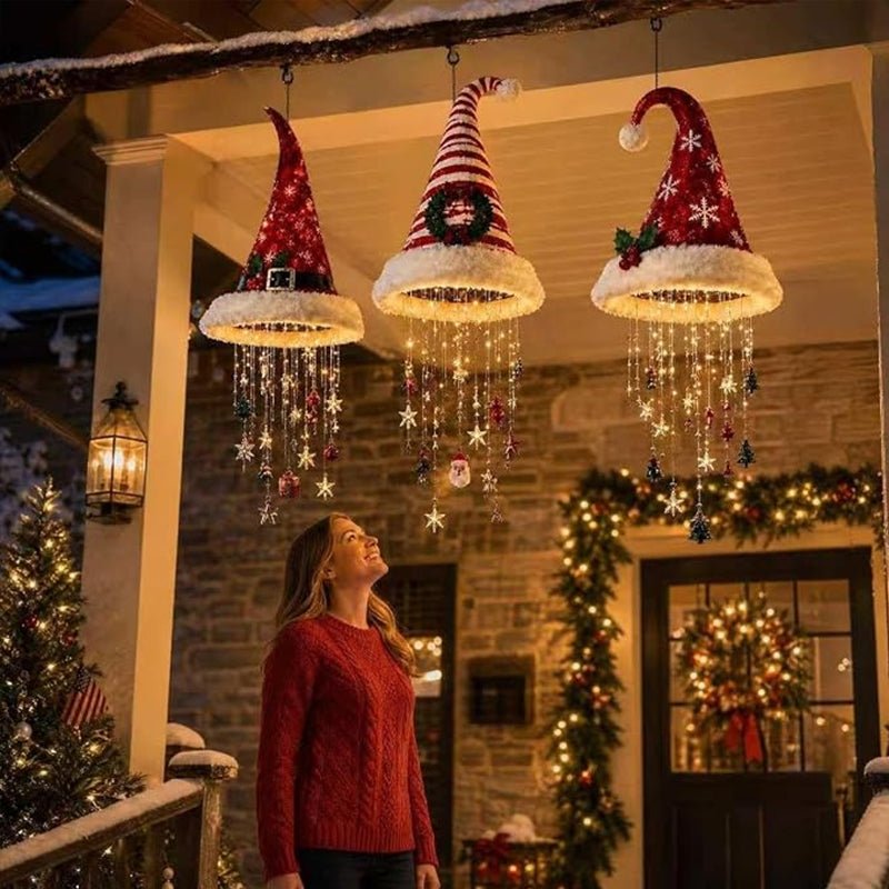 Lighted Santa Hat Hanging Chandelier – 3 Styles Warm LED Christmas String Lights with Festive Ornaments, Holiday Lighting Decor - LeeHT