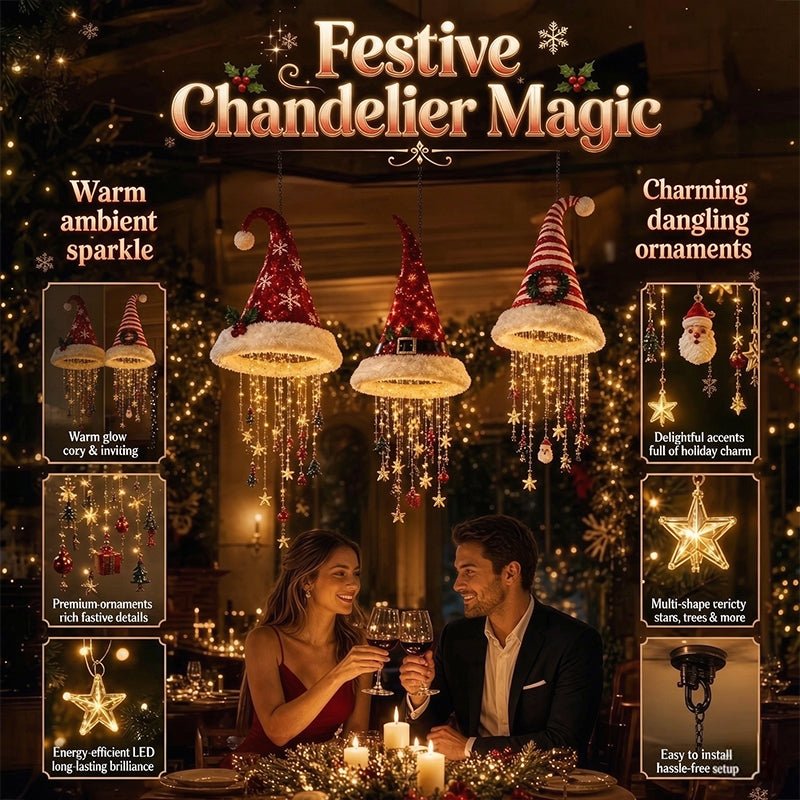 Lighted Santa Hat Hanging Chandelier – 3 Styles Warm LED Christmas String Lights with Festive Ornaments, Holiday Lighting Decor - LeeHT