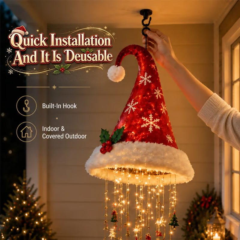 Lighted Santa Hat Hanging Chandelier – 3 Styles Warm LED Christmas String Lights with Festive Ornaments, Holiday Lighting Decor - LeeHT