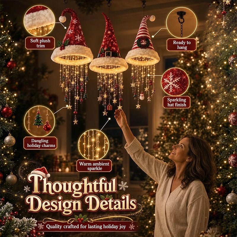 Lighted Santa Hat Hanging Chandelier – 3 Styles Warm LED Christmas String Lights with Festive Ornaments, Holiday Lighting Decor - LeeHT
