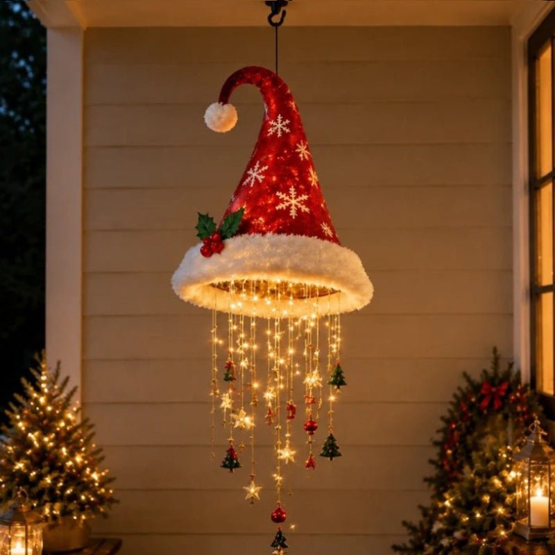 Lighted Santa Hat Hanging Chandelier – 3 Styles Warm LED Christmas String Lights with Festive Ornaments, Holiday Lighting Decor - LeeHT