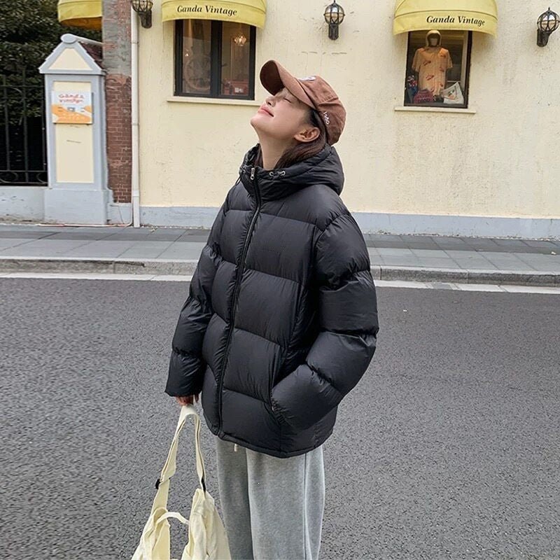 Long Sleeve Hooded Loose Cropped Puffer Jacket for Women - LeeHT
