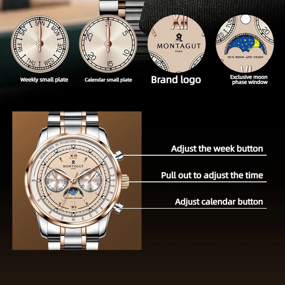 Luxury Automatic Mechanical Men Watch Brown Leather Strap Rose Gold Case Moon Phase Week Date Business Dress Wristwatch Male - LeeHT