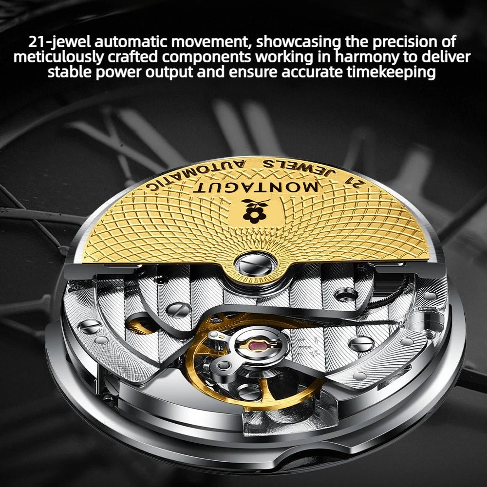Luxury Automatic Mechanical Men Watch Brown Leather Strap Rose Gold Case Moon Phase Week Date Business Dress Wristwatch Male - LeeHT