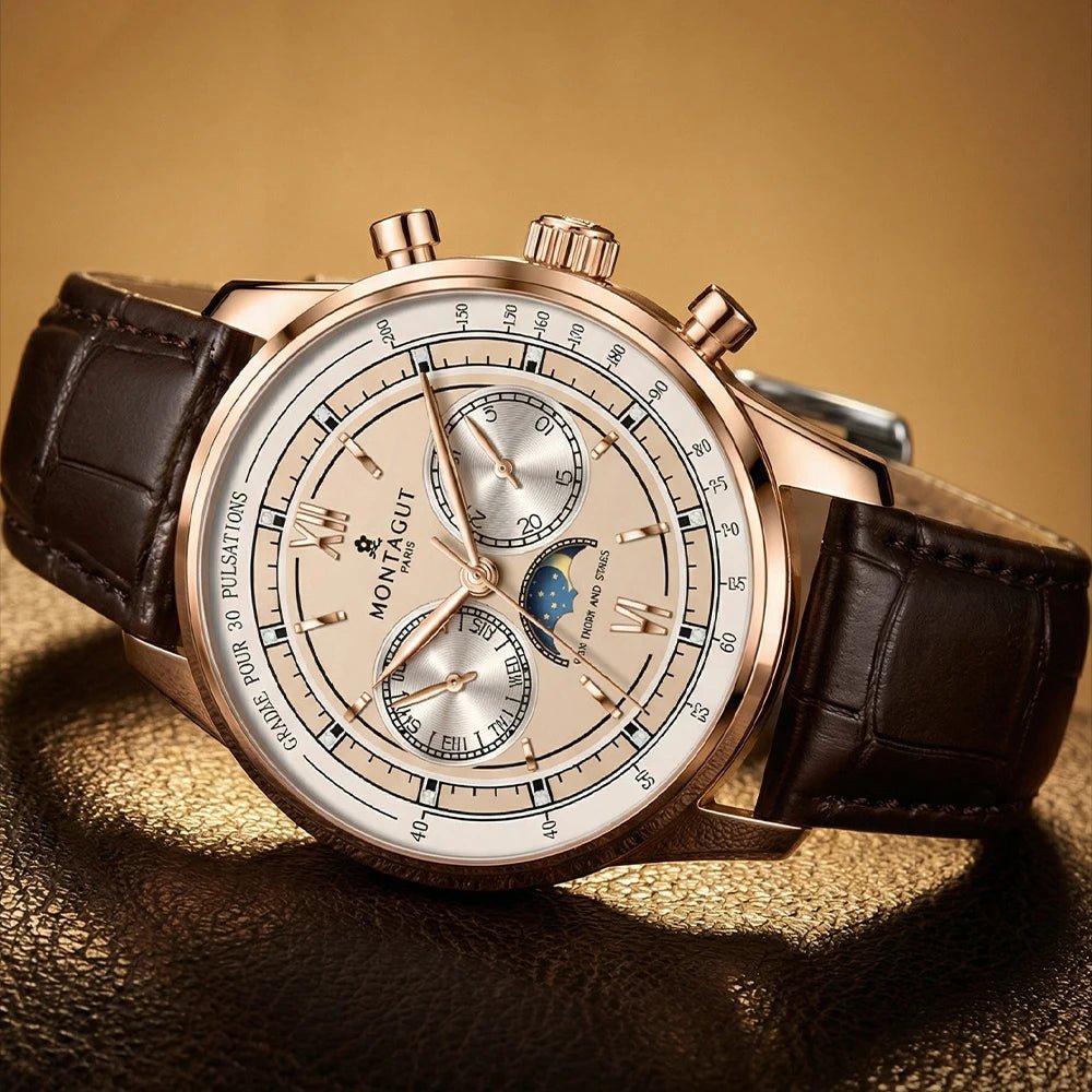 Luxury Automatic Mechanical Men Watch Brown Leather Strap Rose Gold Case Moon Phase Week Date Business Dress Wristwatch Male - LeeHT