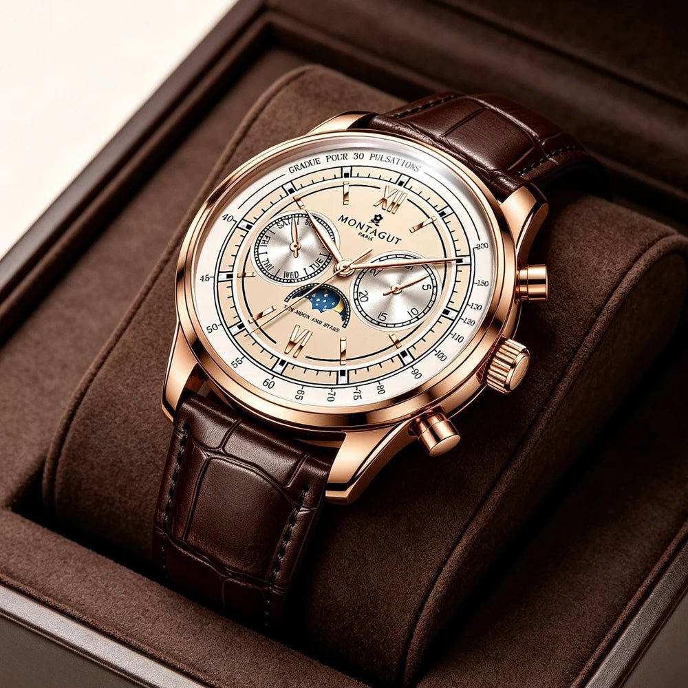 Luxury Automatic Mechanical Men Watch Brown Leather Strap Rose Gold Case Moon Phase Week Date Business Dress Wristwatch Male - LeeHT