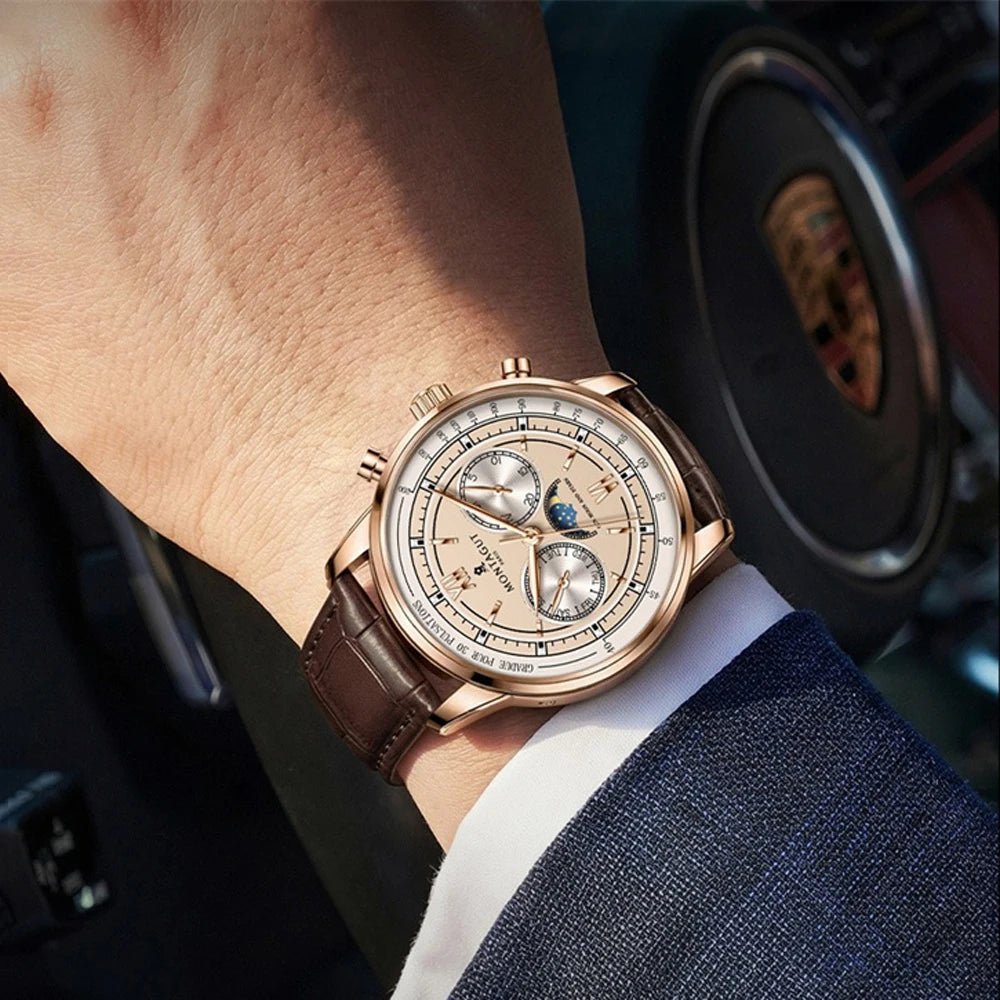 Luxury Automatic Mechanical Men Watch Brown Leather Strap Rose Gold Case Moon Phase Week Date Business Dress Wristwatch Male - LeeHT