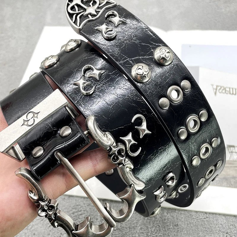 NEW High-end Leather Belt Heavy Metal Rivet Punk Belts For Men Rock Stud Cowboy Belt Gothic Accessories Luxury Brands Waistband - LeeHT
