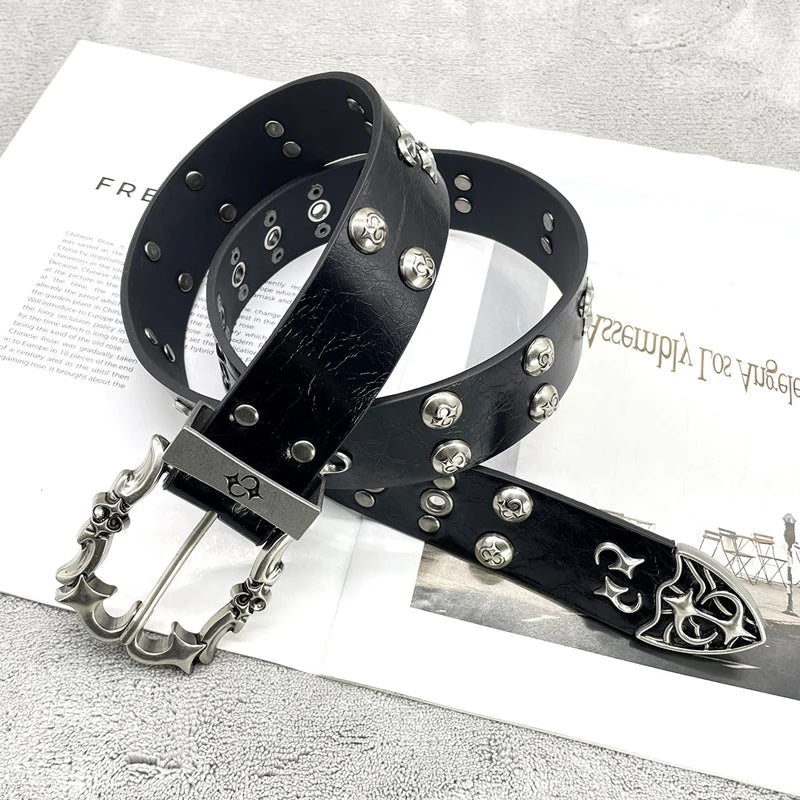 NEW High-end Leather Belt Heavy Metal Rivet Punk Belts For Men Rock Stud Cowboy Belt Gothic Accessories Luxury Brands Waistband - LeeHT