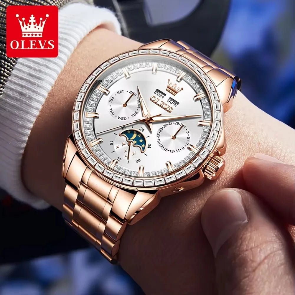 OLEVS 6695 Man Stainless Steel Mechanical Watches Luminous Hollow Out Moon Phase Automatic Movement Men Watch for Male Reloj - LeeHT