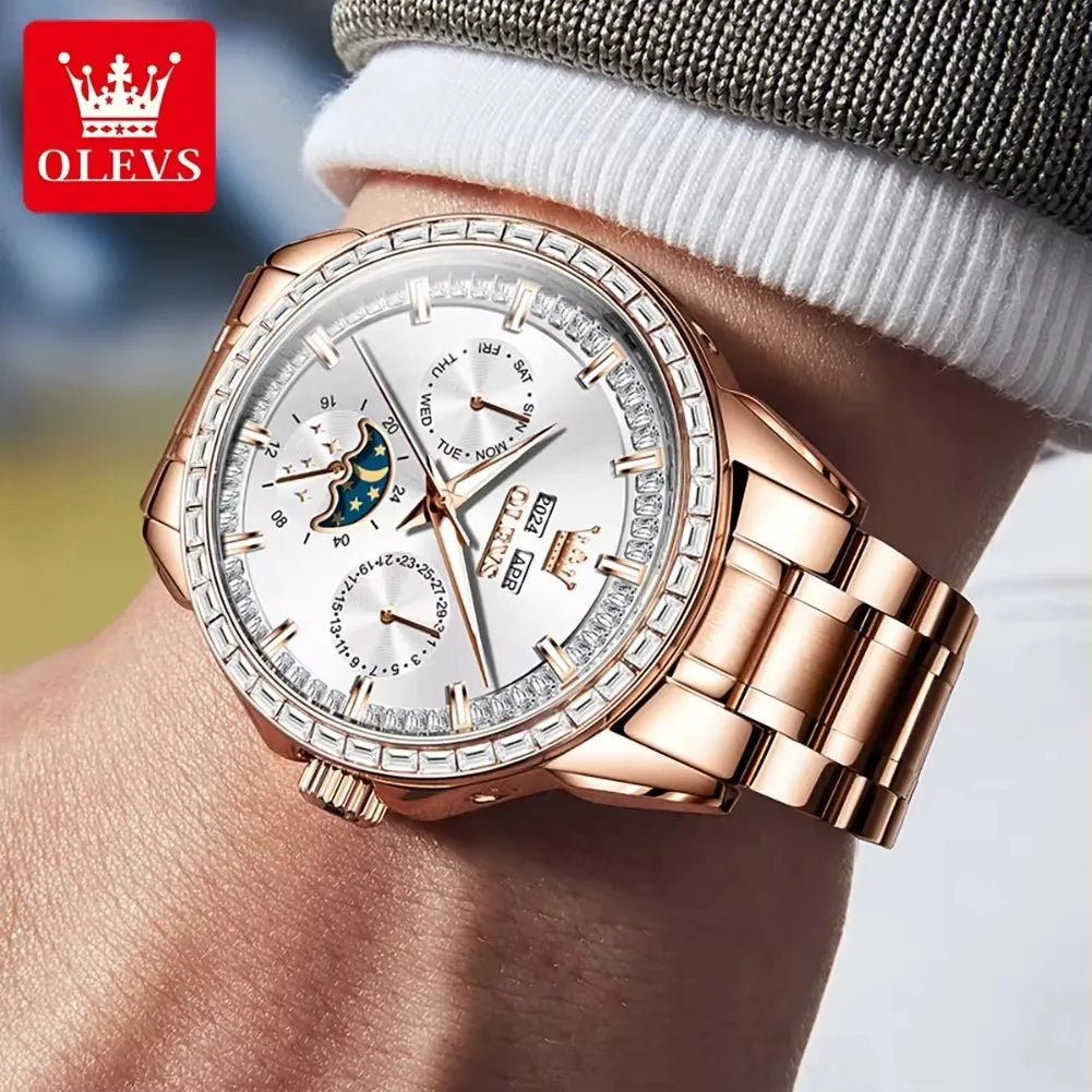 OLEVS 6695 Man Stainless Steel Mechanical Watches Luminous Hollow Out Moon Phase Automatic Movement Men Watch for Male Reloj - LeeHT