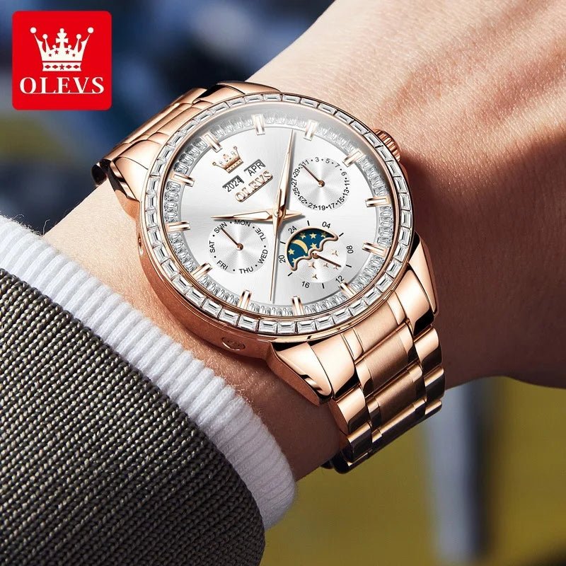 OLEVS 6695 Man Stainless Steel Mechanical Watches Luminous Hollow Out Moon Phase Automatic Movement Men Watch for Male Reloj - LeeHT